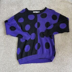 Vintage Extra Touch Sweater Womens 18W Purple Black Polka Dot Knit Pullover
